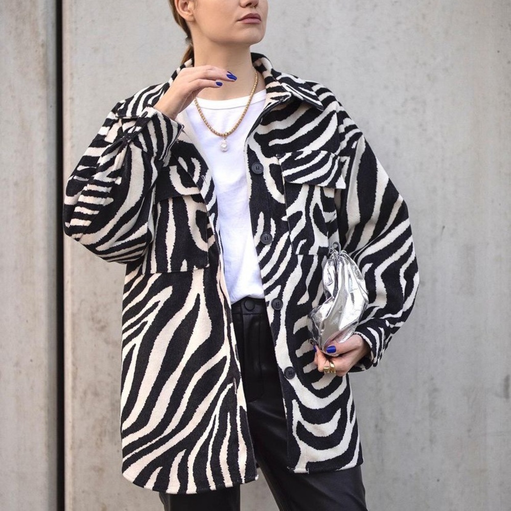 H&M Light Beige Zebra Print Felted Shirt Jacket